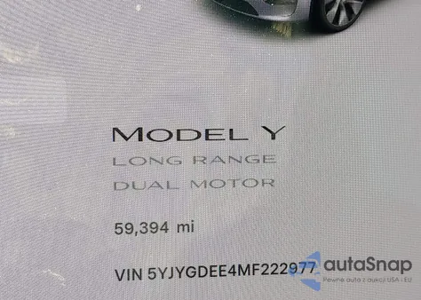 2021 Tesla Model Y Long Range Dual Motor All-Wheel Drive z USA, uszkodzony, nr VIN 5YJYGDEE4MF222977